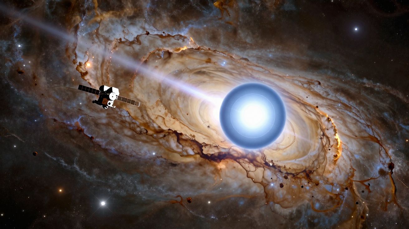 Nave espacial aproximando-se de um buraco negro brilhante com disco de acreção e jato de energia no espaço.