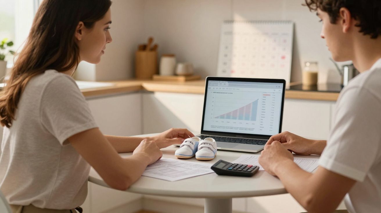 Casal analisa gráfico financeiro no laptop com tênis de bebê e calculadora na mesa branca.