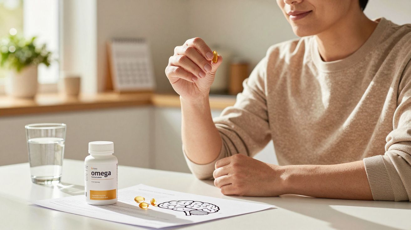 Pessoa segurando cápsula de ômega 3 perto de frasco, copo de água e desenho do cérebro sobre mesa.