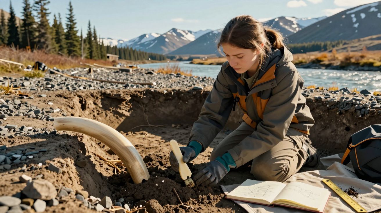 Jovem escavando fósseis em sítio arqueológico próximo a rio com montanhas ao fundo.