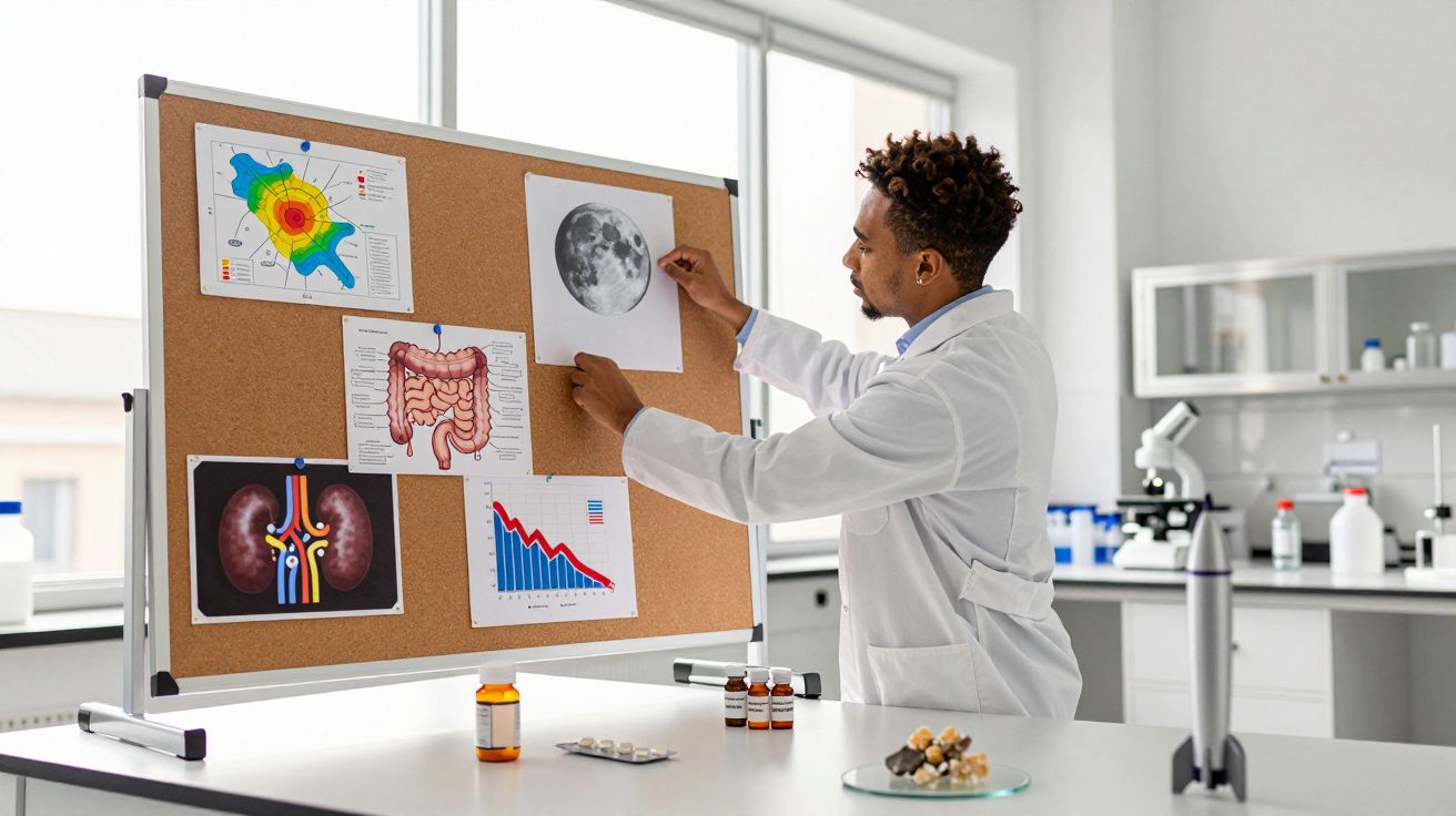 Pesquisador em jaleco branco fixando imagem da lua em quadro com gráficos e ilustrações anatômicas em laboratório.