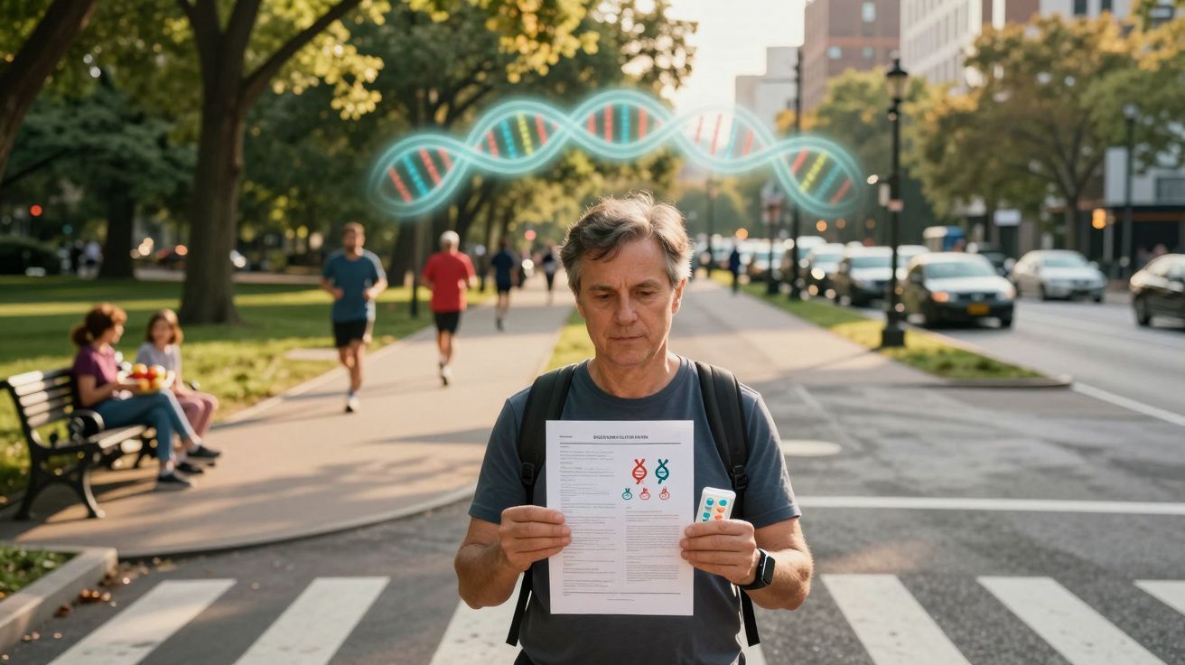 Homem lendo documento sobre genética em rua com ilustração digital de hélice de DNA acima da cabeça.