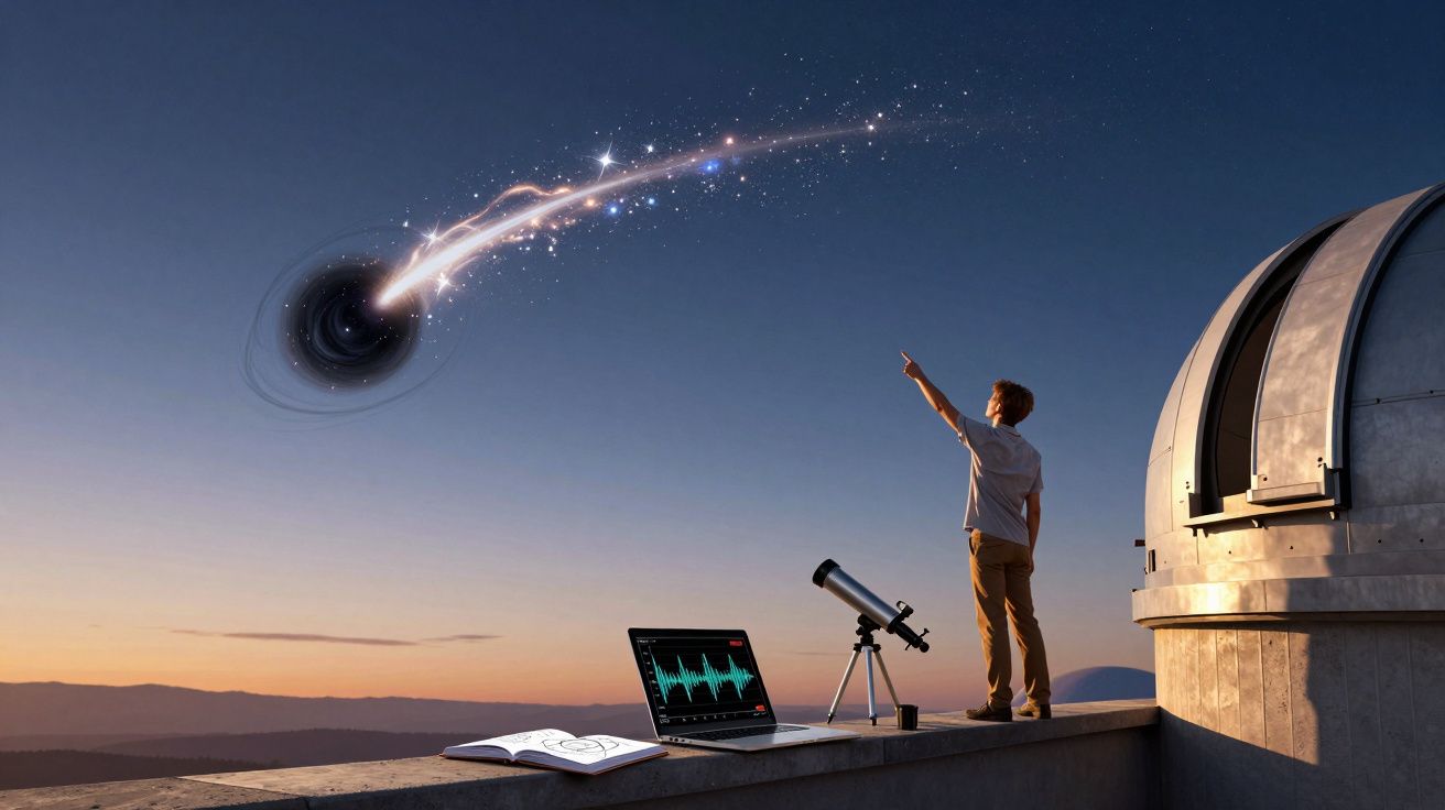Pessoa com telescópio observa céu ao anoitecer com buraco negro brilhante e laptop aberto ao lado.