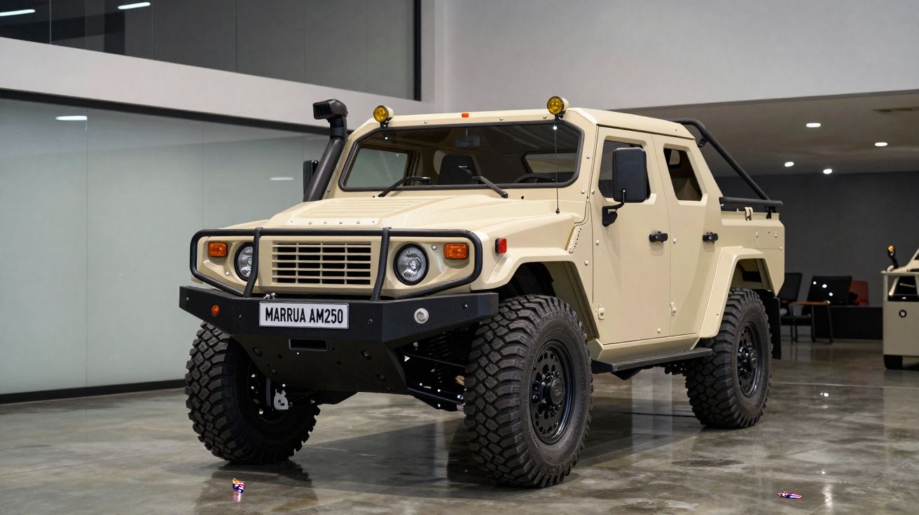 Veículo off-road militar Marruá AM250 bege estacionado em ambiente interno moderno.