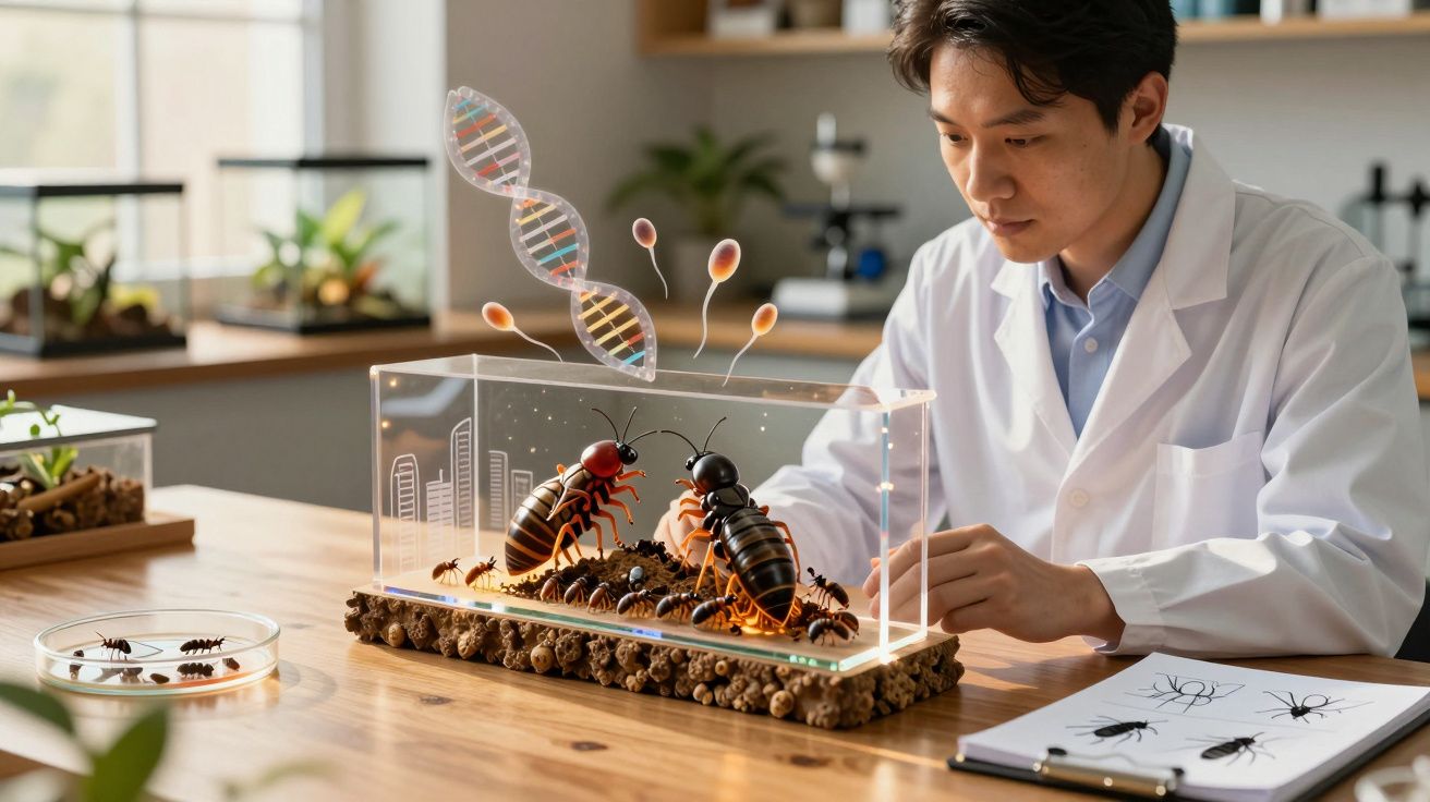 Cientista observa formigas dentro de terrário com elementos de DNA em laboratório iluminado.