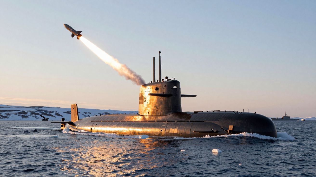 Submarino emergindo no mar lança míssil com trilha de fumaça ao entardecer em região gelada.
