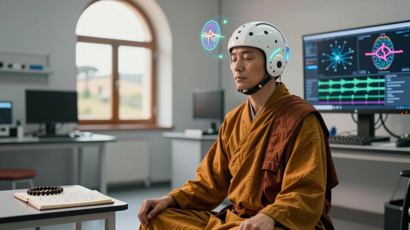 Monge meditando com capacete tecnológico em laboratório com telas mostrando atividade cerebral.