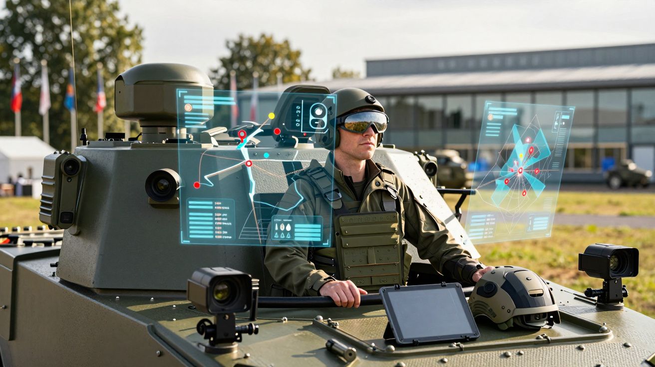 Soldado em veículo militar com capacete e equipamentos tecnológicos e hologramas no ambiente externo.