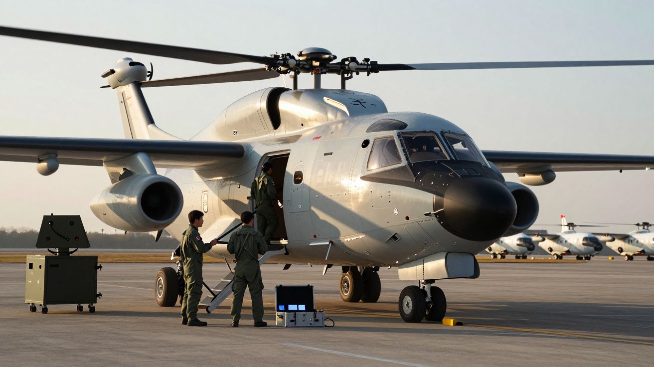 Helicóptero cinza no solo com três pilotos em uniforme verde próximo, em um aeroporto ao pôr do sol.