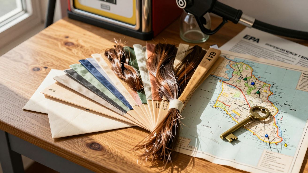 Mostruário de cores de cabelos com mechas presas, envelopes e mapa com chave sobre mesa de madeira.