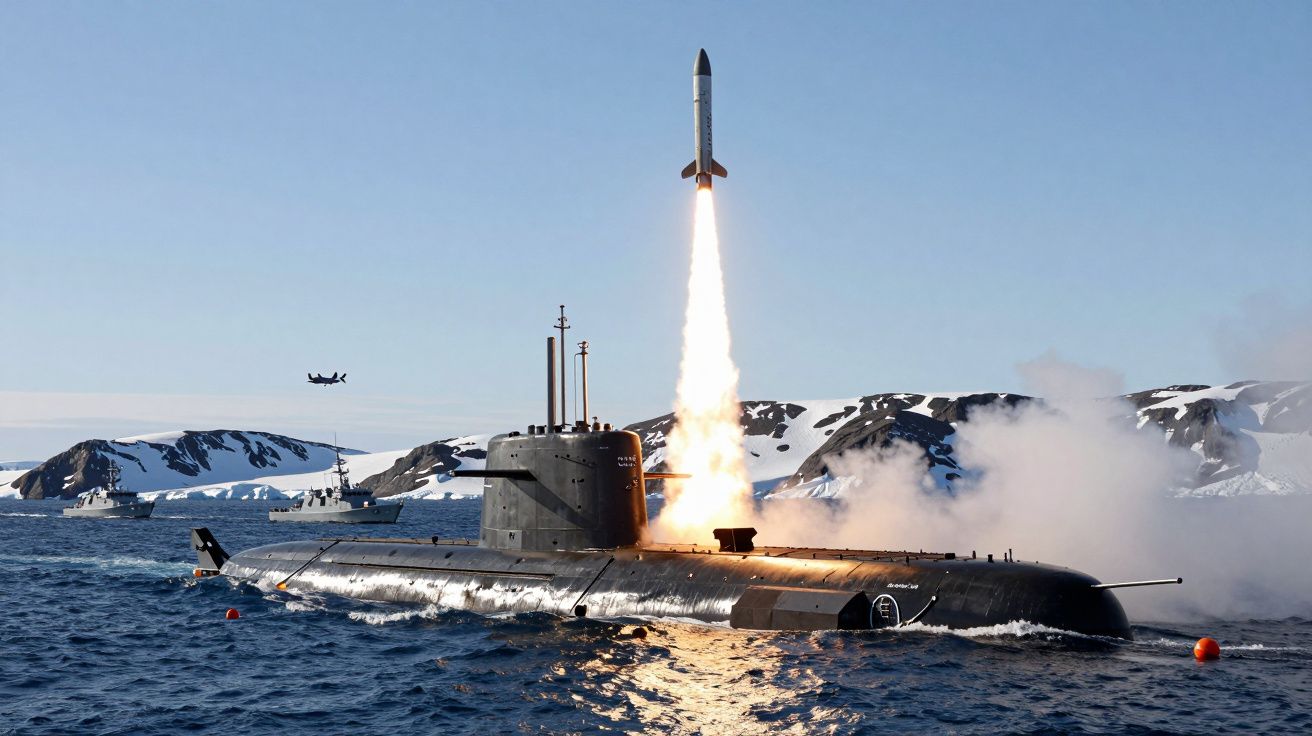 Foguete sendo lançado de um submarino no mar próximo a montanhas com neve ao fundo.