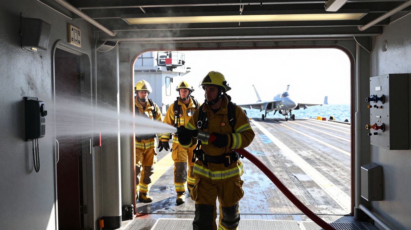 Bombeiros a bordo de porta-aviões treinam combate a incêndio com jato d'água e caça ao fundo.