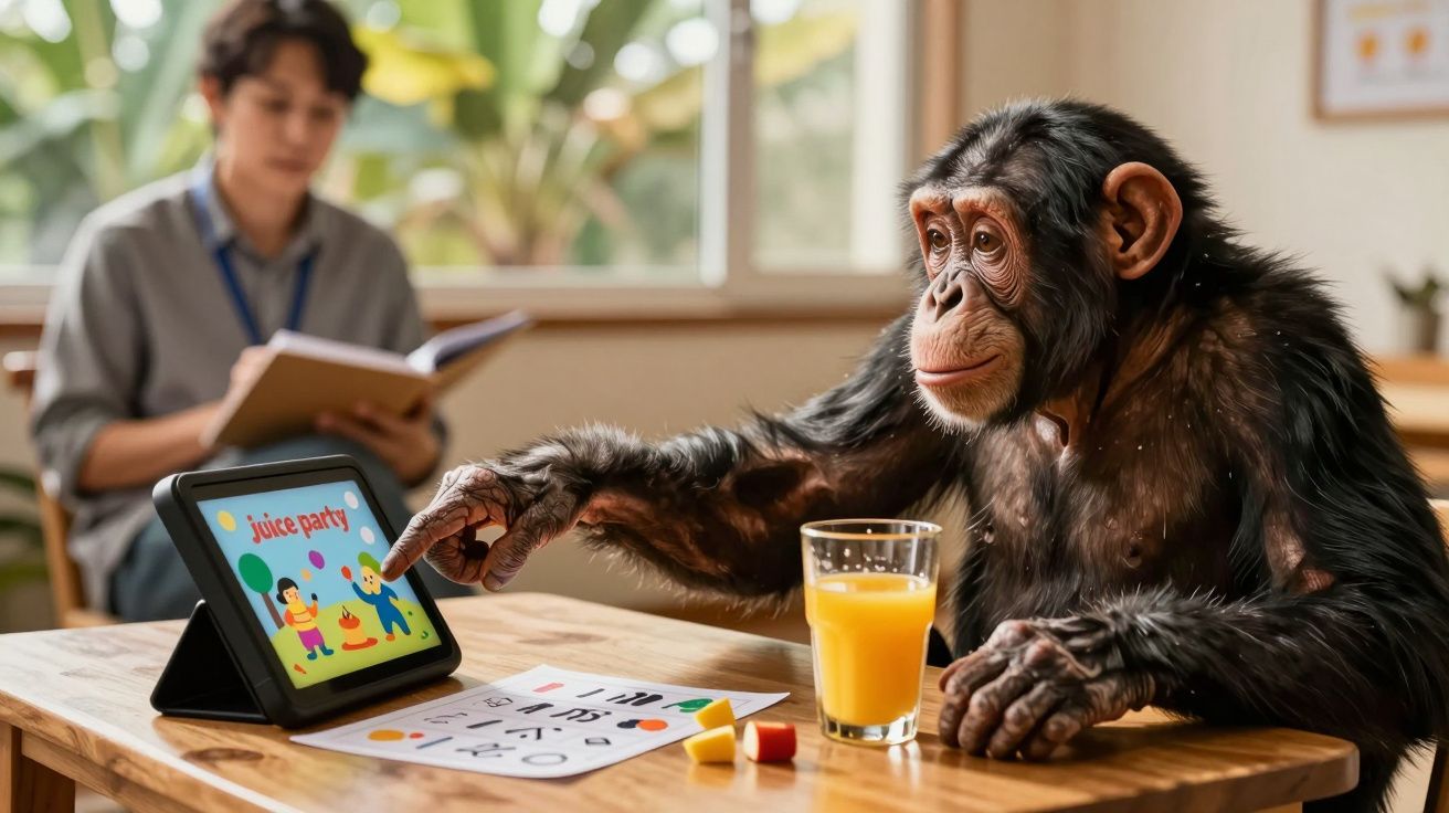 Chimpanzé tocando em tablet com suco e objetos na mesa, pessoa lendo ao fundo em ambiente iluminado.
