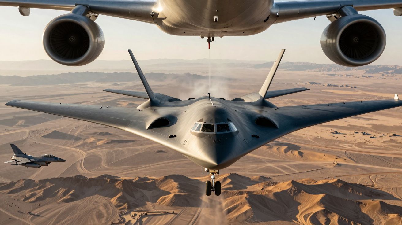 Avião bombardeiro furtivo B-2 Spirit reabastecendo em voo sobre deserto com caças acompanhantes.
