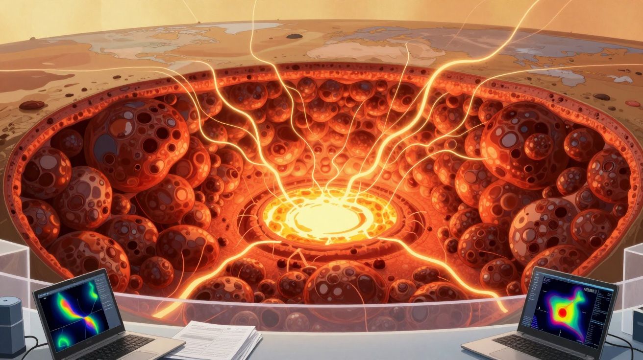 Interior de uma cratera com superfície rochosa e luzes elétricas, visto de uma sala com laptops e documentos.