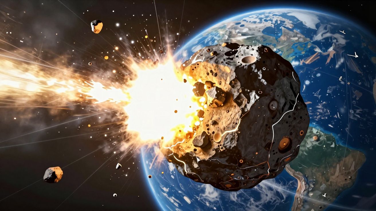 Asteroide gigante colidindo com a Terra, causando explosão e fragmentos no espaço.