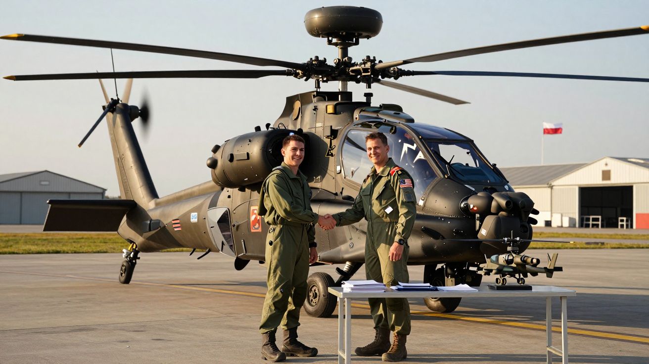 Dois pilotos militares em uniforme verde apertam as mãos em frente a um helicóptero militar no pátio.