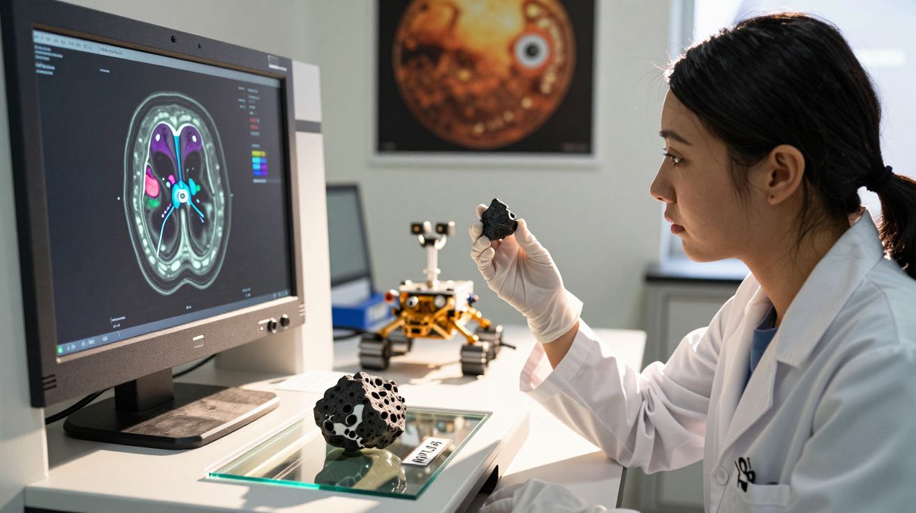 Cientista analisando fragmento de rocha com imagens de cérebro na tela de computador em laboratório.