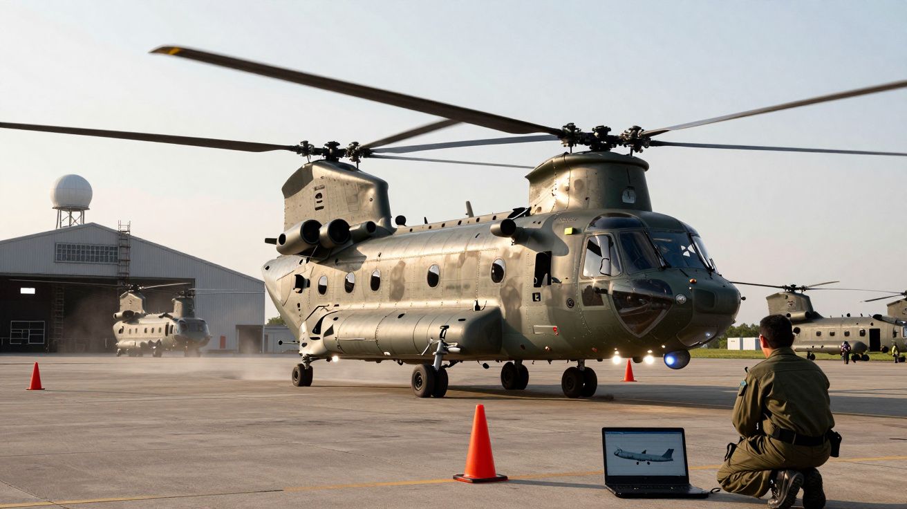 Helicóptero militar Chinook verde em pista de pouso com técnico de farda e laptop próximo.