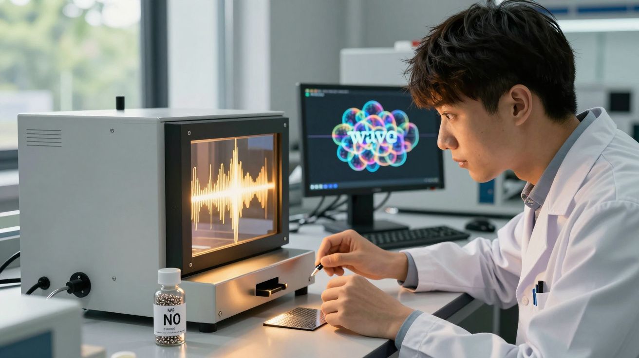 Cientista em laboratório analisando ondas sonoras em equipamento eletrônico com tela iluminada.