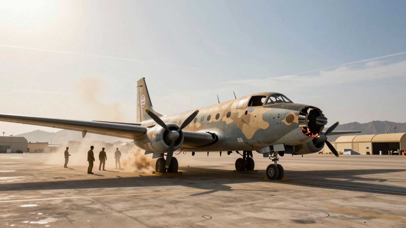 Avião militar camuflado com motor em chamas em pista, com pessoas próximas e montanhas ao fundo.