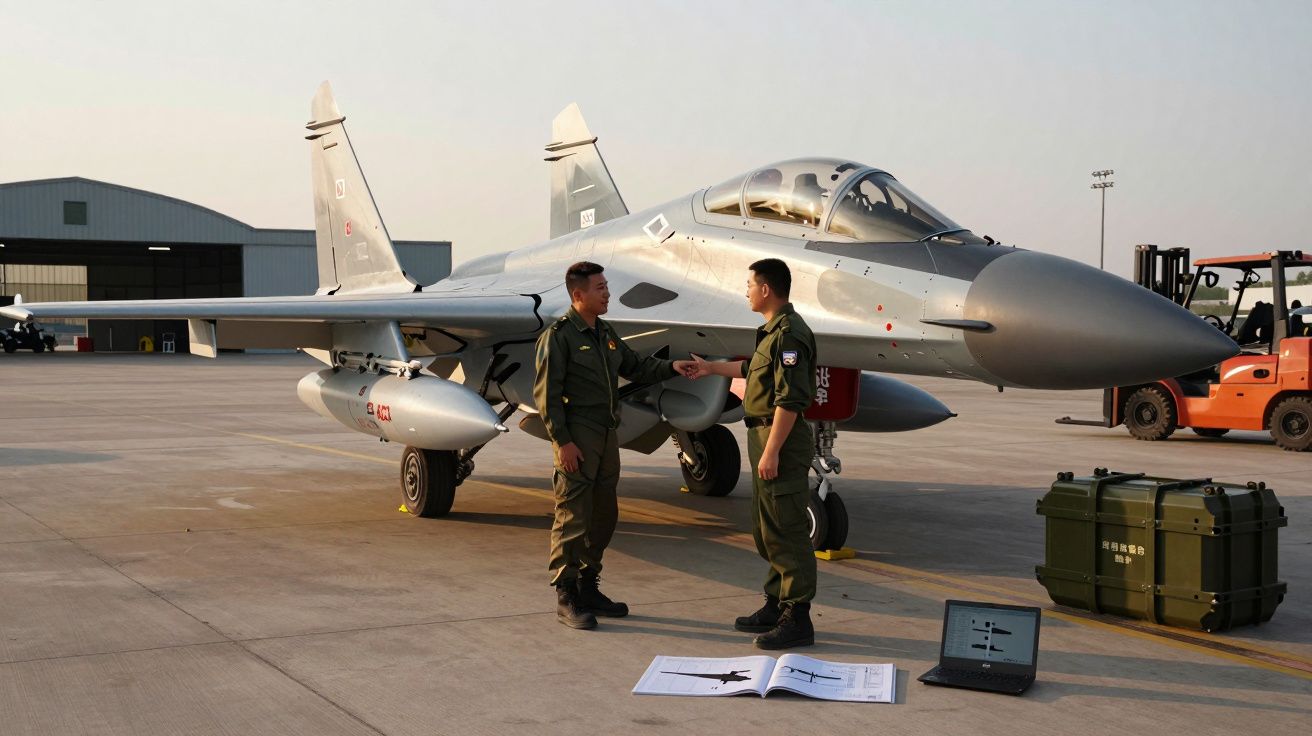 Dois pilotos conversam ao lado de um caça militar estacionado em base aérea ao entardecer.