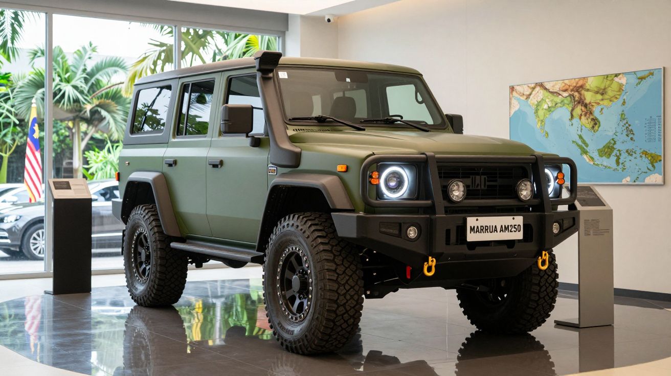 Veículo utilitário Marruá AM250 verde militar exposto em ambiente interno com mapa na parede.