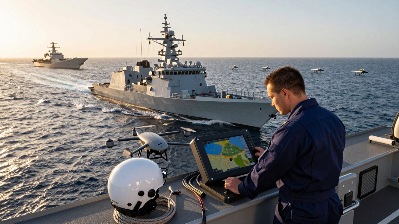 Homem operando tablet próximo a drones em navio militar com mar e outros navios ao fundo ao entardecer.