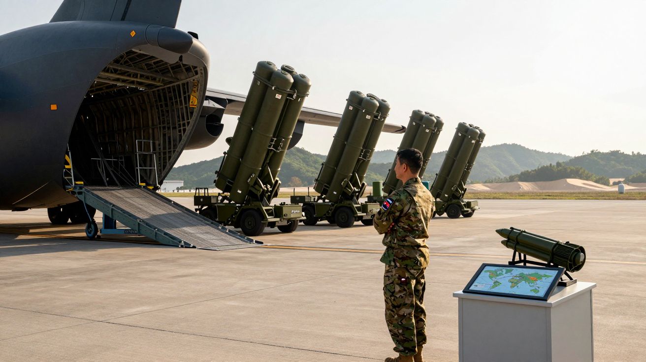 Soldado em uniforme militar observa equipamentos de defesa aérea próximos a avião cargueiro em pista.
