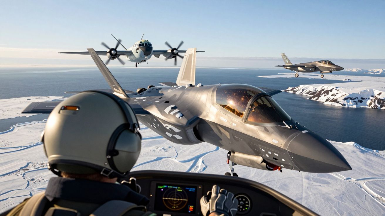 Piloto em cabine observa dois caças e uma aeronave militar voando sobre cartões de gelo e água.