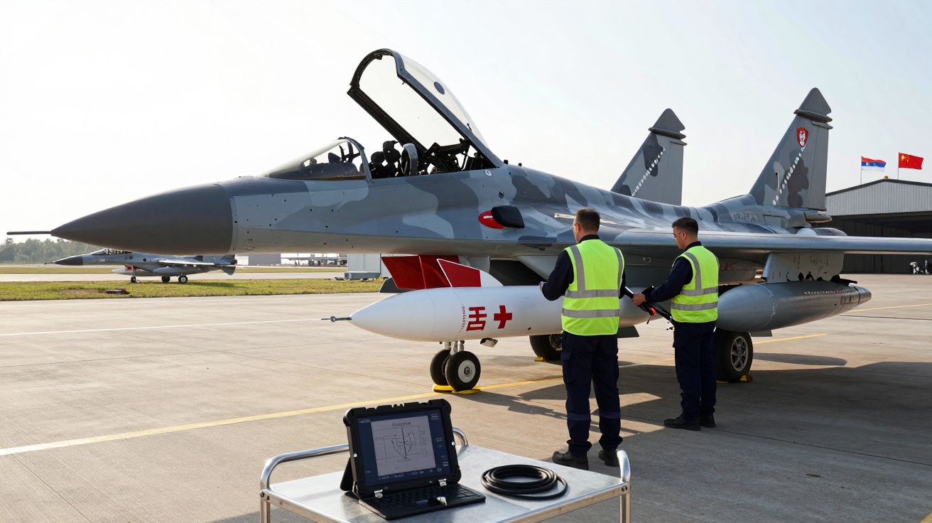 Caça militar cinza em plataforma com dois técnicos uniformizados inspeccionando a aeronave.