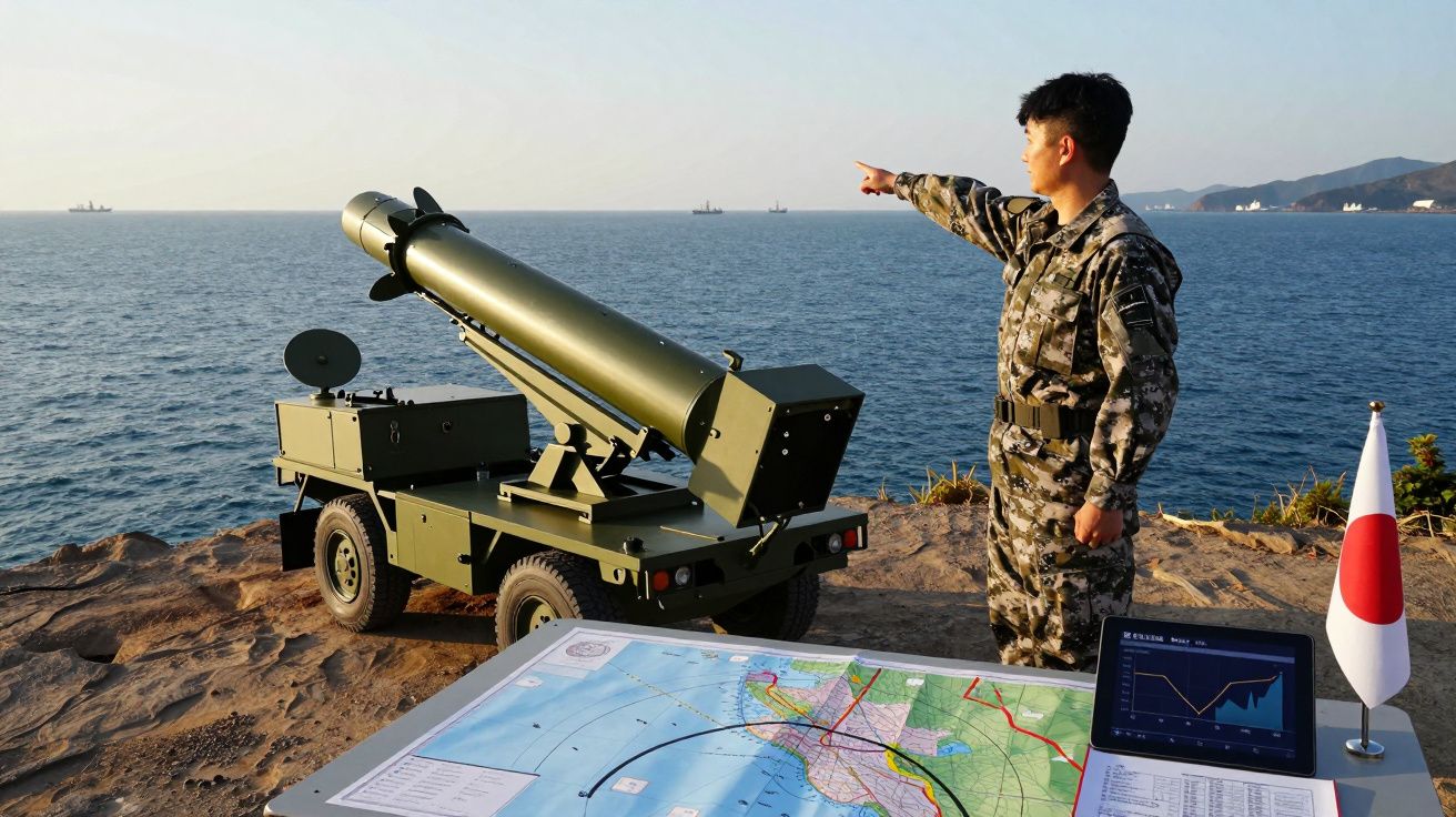 Soldado em uniforme camuflado aponta para o mar ao lado de lançador de foguetes, com mapa e laptop em mesa próxima.