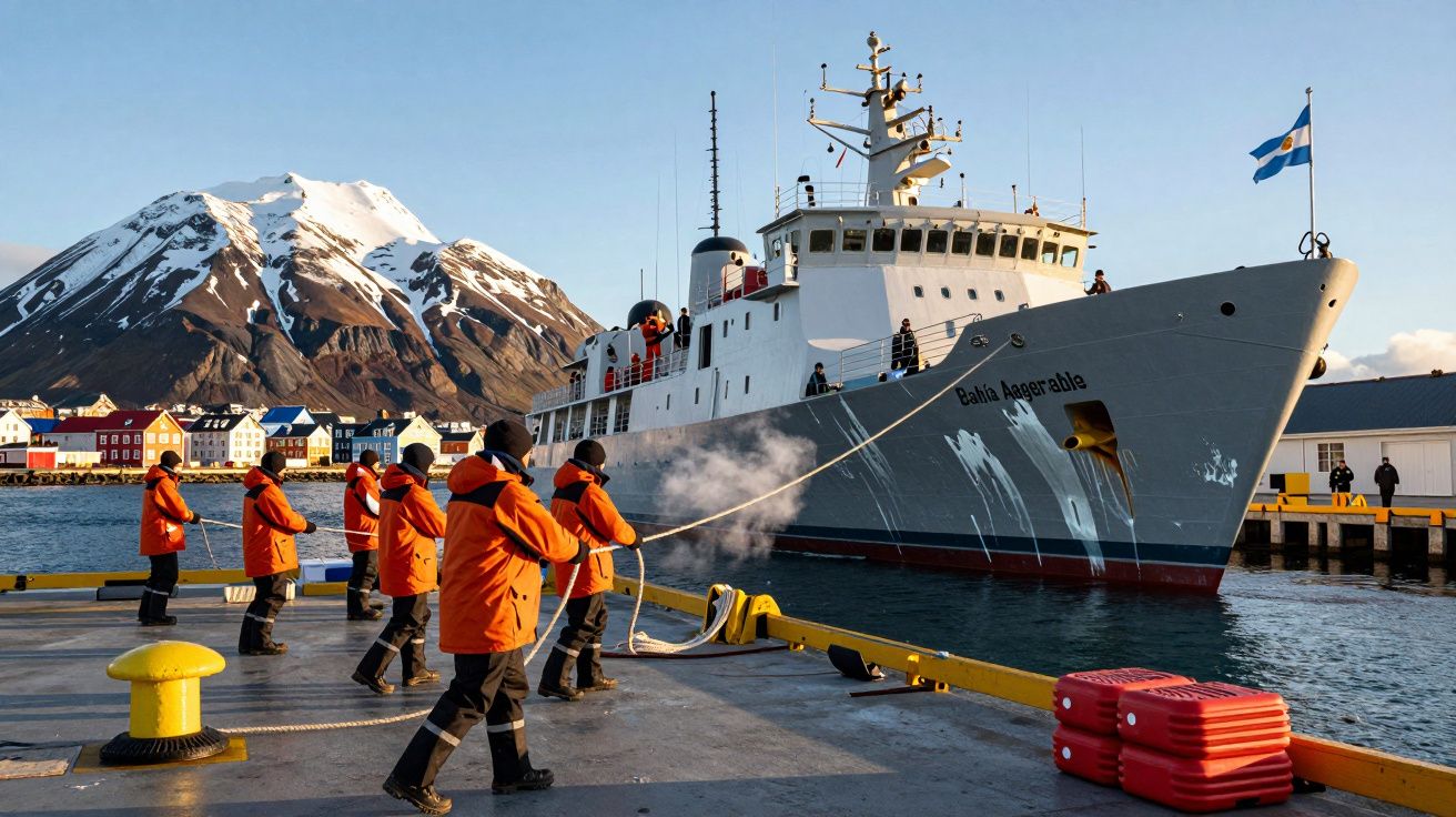 Equipe de pessoas de casaco laranja puxando corda para atracar navio com bandeira argentina em porto com montanha ao fundo.