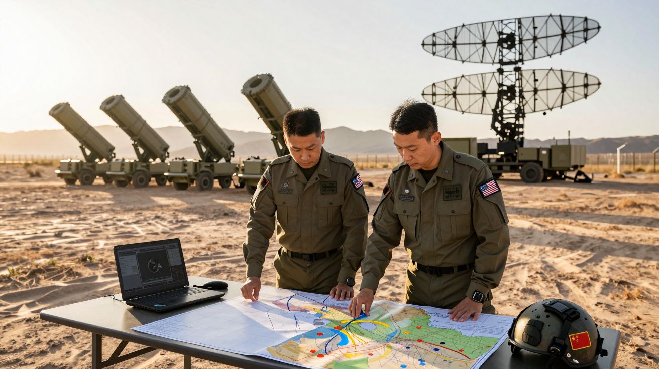 Dois militares revisam mapa em mesa ao ar livre com radar, lançadores de mísseis e notebook ao redor.