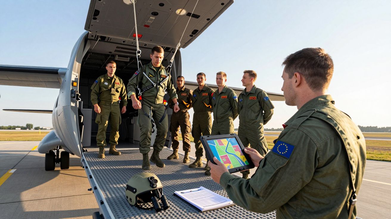 Militares em uniformes verdes desembarcam de avião militar em pista, enquanto um deles verifica mapa em tablet.