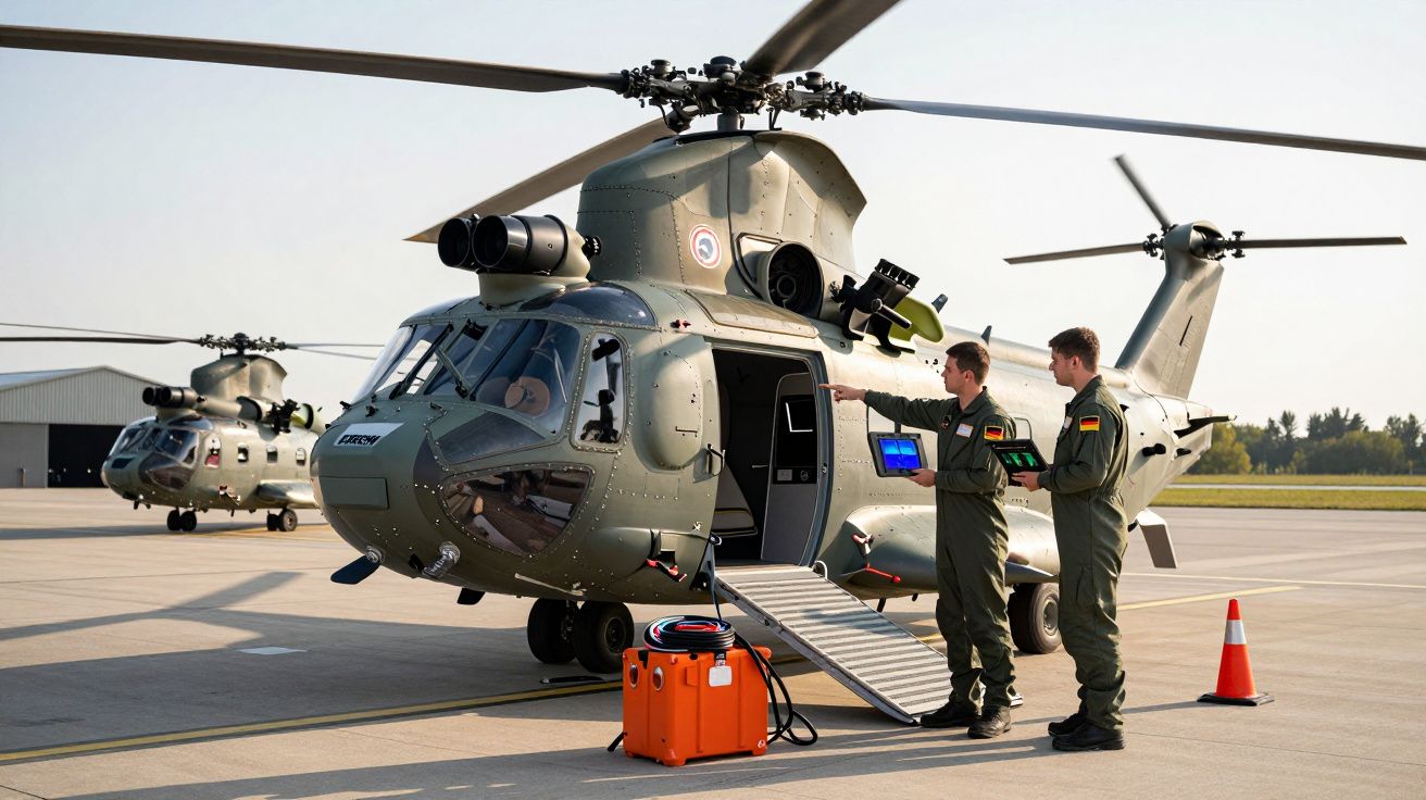 Dois militares com tablets inspecionam helicóptero militar verde em pista de aeroporto durante o dia.