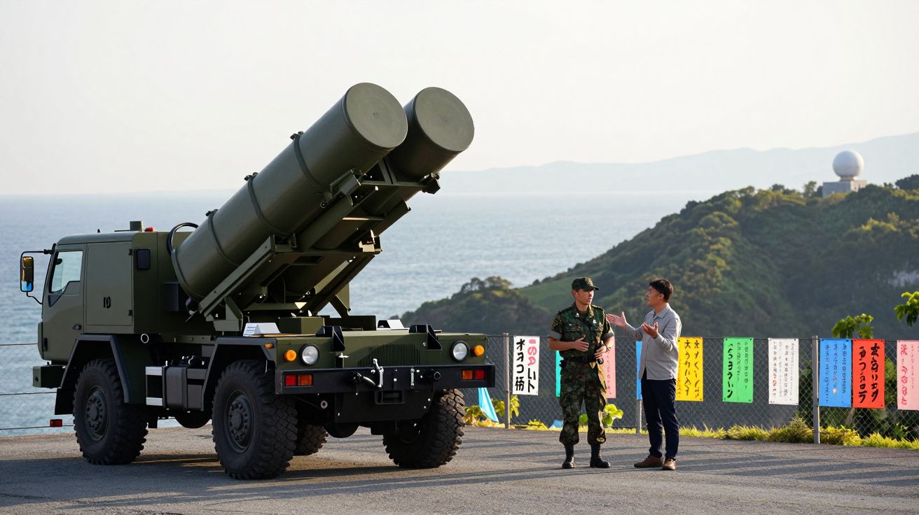 Soldado e civil conversam ao lado de caminhão militar com lançadores de mísseis à beira-mar.
