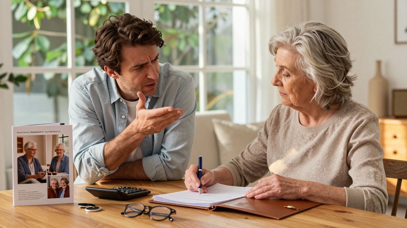 Homem jovem conversa com idosa que está escrevendo em caderno em sala iluminada pela luz natural.