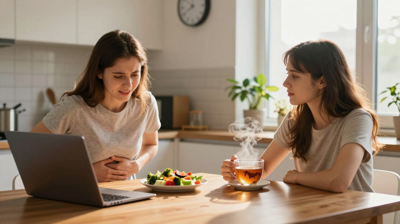 Duas mulheres na cozinha, uma com dor abdominal e a outra segurando uma xícara de chá quente.