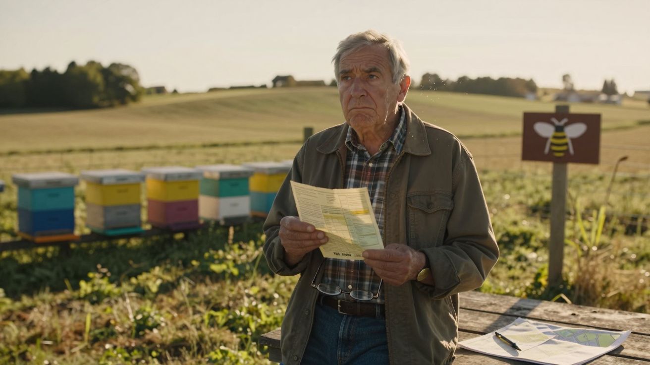 Homem idoso com expressão séria segura papel em campo com colmeias coloridas ao fundo.