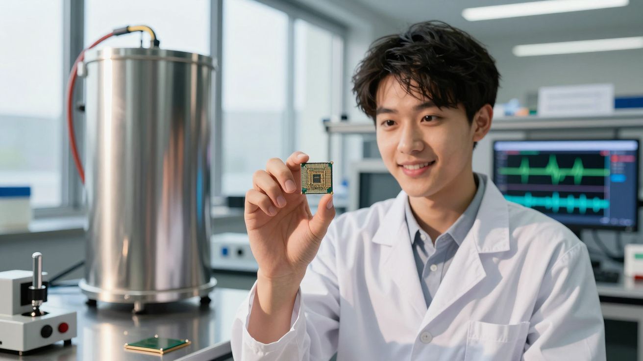 Jovem cientista em jaleco branco segurando um chip de computador em laboratório tecnológico.