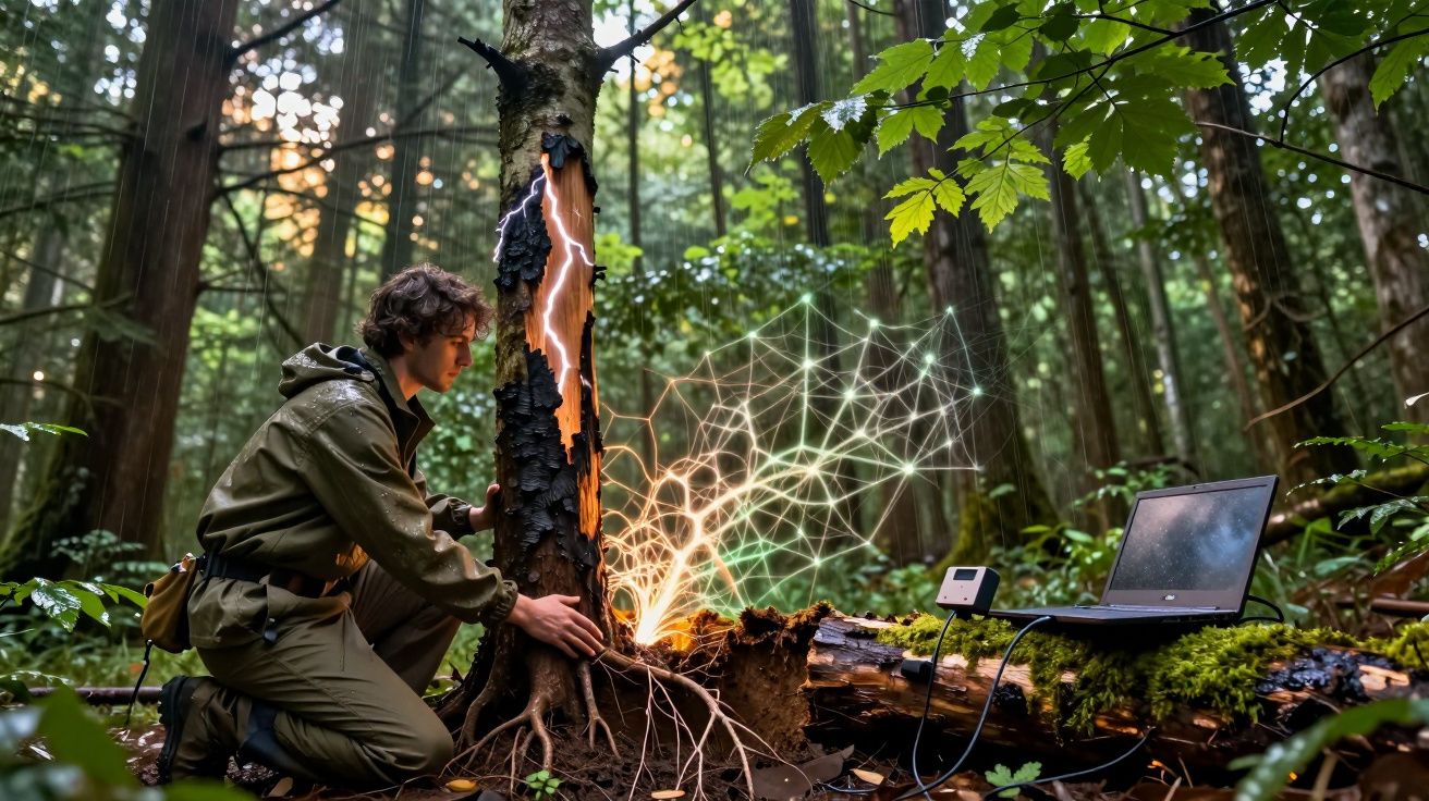 Jovem cientista coleta dados de árvore que parece ser atingida por raio em floresta densa.