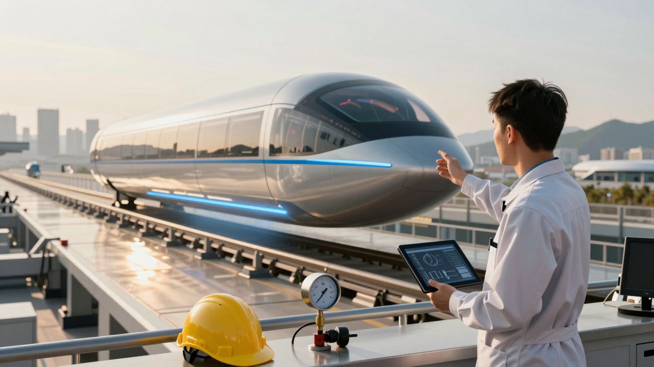 Engenheiro com tablet monitora trem de levitação magnética futurista em plataforma de testes.