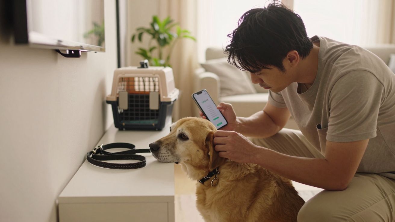 Homem usando celular enquanto prepara cachorro para passeio próximo a caixa de transporte e coleira.