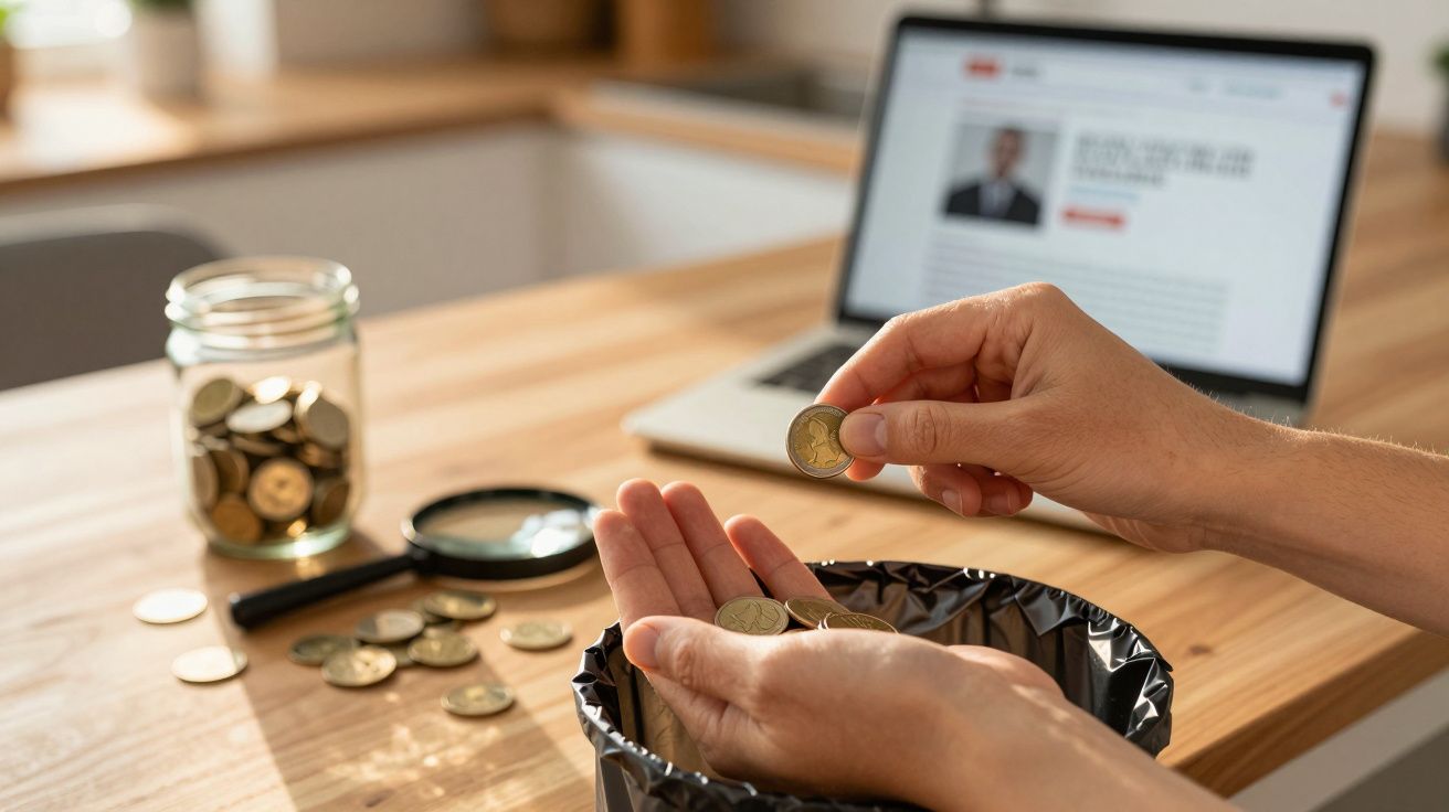Pessoa jogando moedas em lixeira com moedas e jarra cheia sobre mesa ao fundo com laptop aberto.