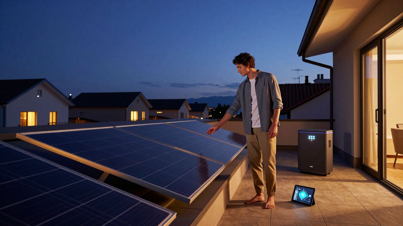 Homem verifica painéis solares na laje de uma casa ao entardecer com dispositivo eletrônico próximo.