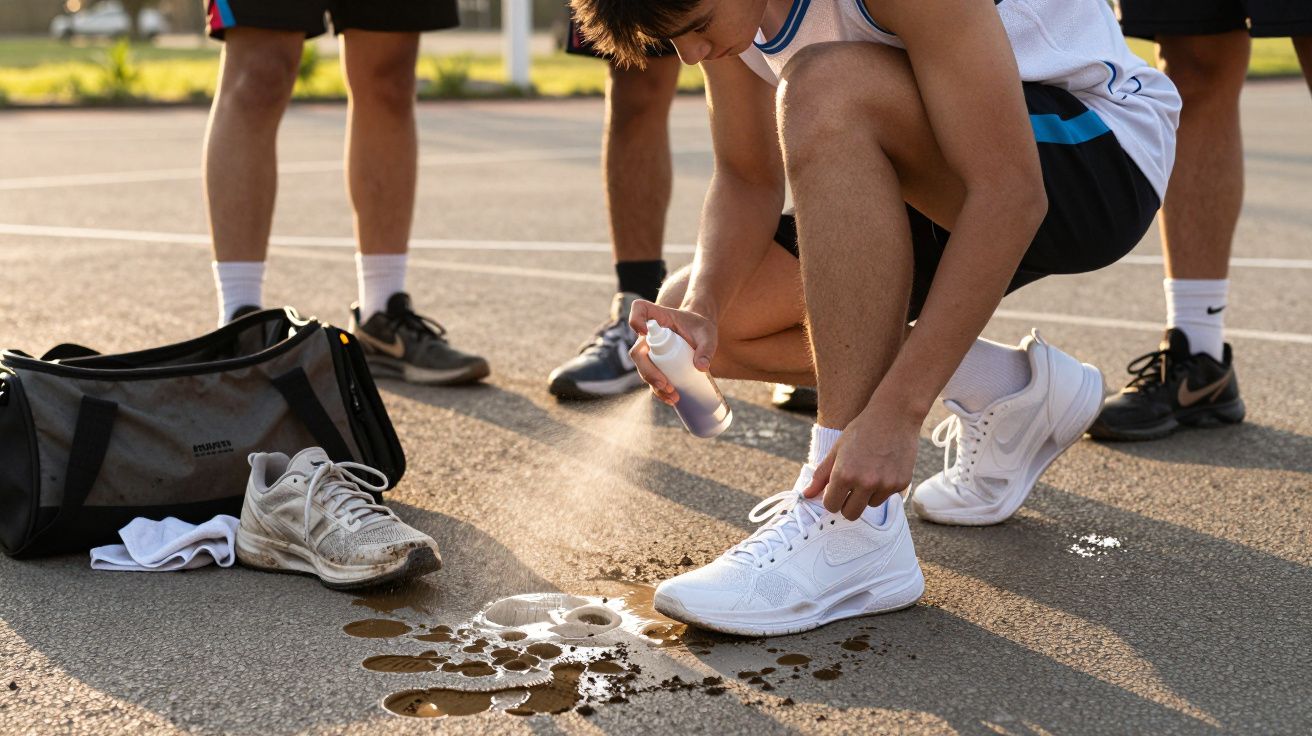 Jovem borrifando líquido em tênis branco sujo de lama em quadra de basquete ao ar livre.