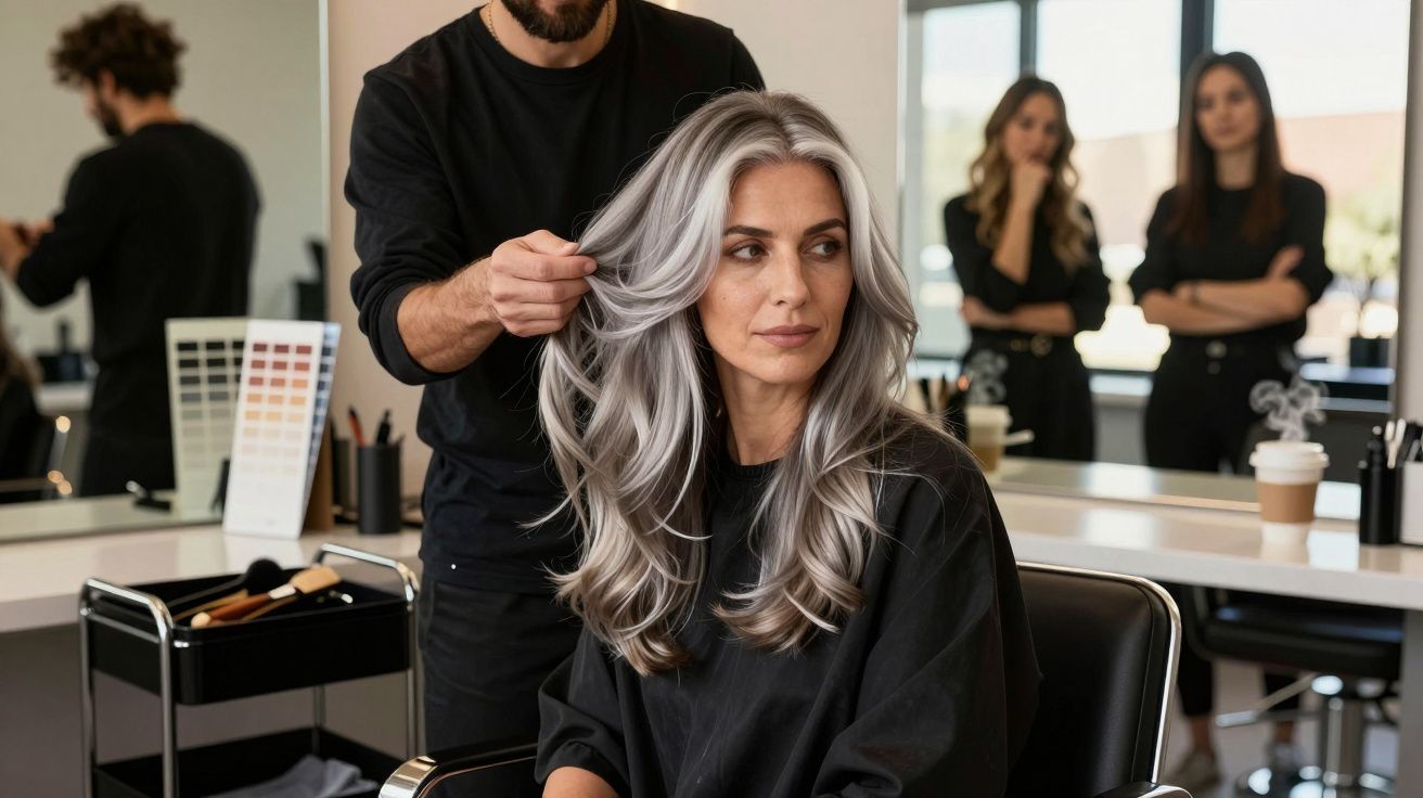 Mulher com cabelo grisalho em salão de beleza, cabeleireiro arrumando seus cabelos longos e ondulados.
