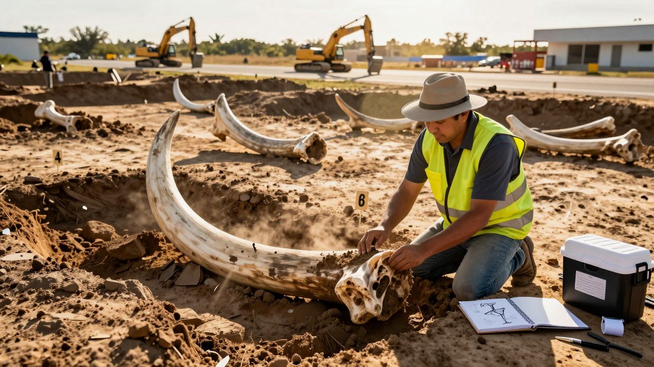 Arqueólogo escavando e examinando ossos de mamute em sítio arqueológico ao ar livre.