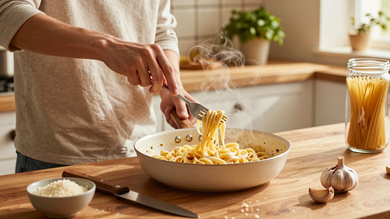 Pessoa enrolando macarrão quente com garfo em frigideira em cozinha iluminada.